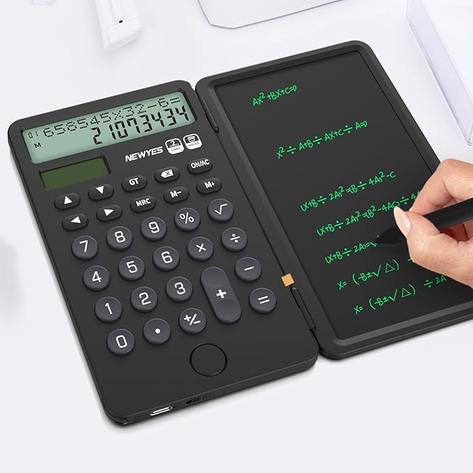 NEWYES Portable Calculator with Notepad, 2-Line 12-Digits Large Display, Rechargeable Solar Power Desk Calculator for Office School Students (Black)