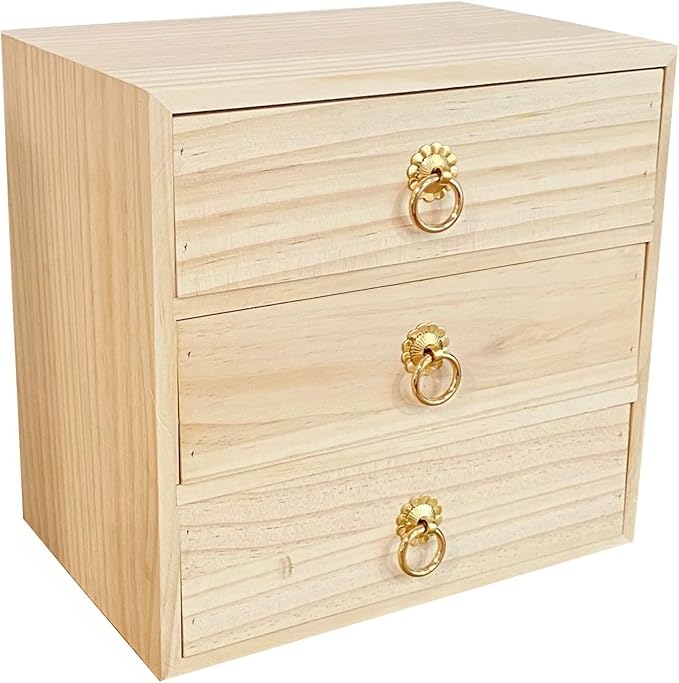 3 Layer Natural Wooden Storage Box with Drawers Desk Organizer Desk Accessories 3 Drawer Storage Organizer Wood Tabletop Organizer with Metal Handle for Home Office Counter Craft Decor