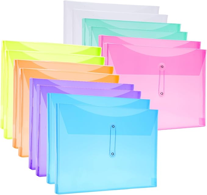A4 Letter Size Plastic Poly Envelopes with Button and String Tie Closure, 1-1/4" Expansion Clear File Folders Side Loading Documents Organizer for Home School and Office Supplies (14)