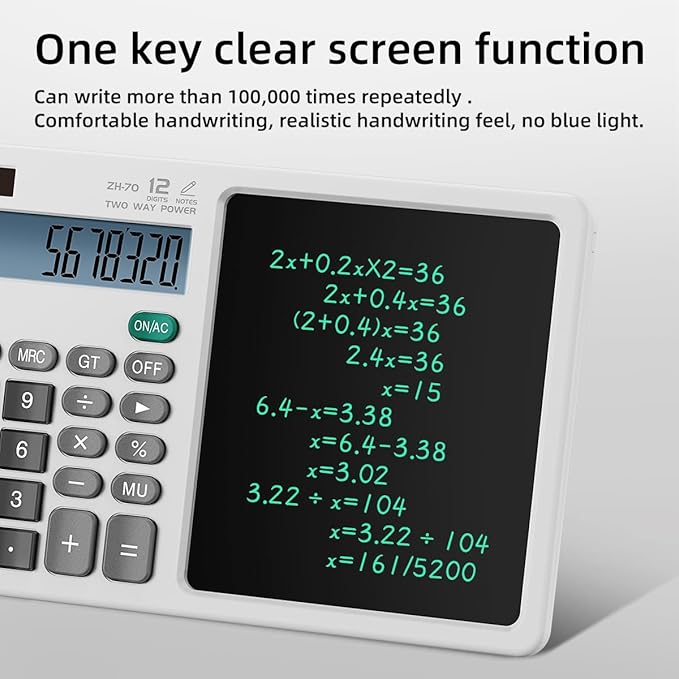 Scientific Calculator with Pull - Out Stylus, 12 - Digit Wide Screen & 100,000+ Reusable Writing Pad, One - Click Clear/Lock, Solar & Battery Dual Power, Portable for School Office Business (White)