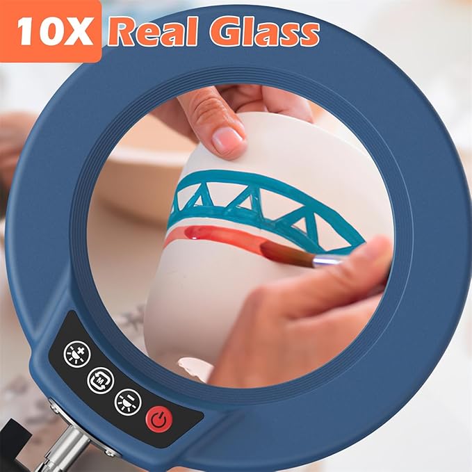 10X Magnifying Glass with Light and Stand, Real Glass Lens Desk Lamp, Lighted Magnifier with Light Stepless Dimming Hands Free for Craft, Reading, Painting, Sewing, Solder - Blue