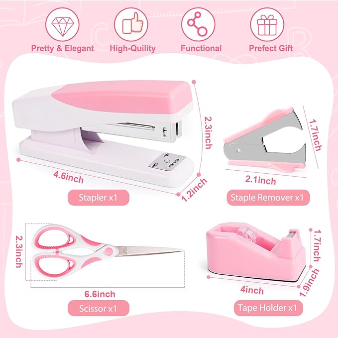 Pink Office Supplies, Pink Desk Accessories for Women, Cute Stapler and Tape Dispenser Set- Staple Remover, Clips, Staples, Scissor, Knife, Ruler, Tabs, Gift for Coworkers, Students