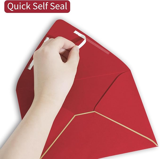 A7 Red Envelopes 5 x 7 With Gold Border,- 50 Pack,For 5x7 Cards| Quick Self Seal| Perfect for Weddings, Invitations, Photos, Graduation, Baby Shower| Thick Luxury paper|5.25 x 7.25 Inches