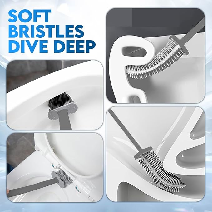 Silicone Toilet Brush and Holder Set – Pack of 1 Wall Mounted Toilet Brush Grey – Long Non-Slip Handle, Flexible Bristles for Easy Cleaning – Modern Toilet Scrubber Brush
