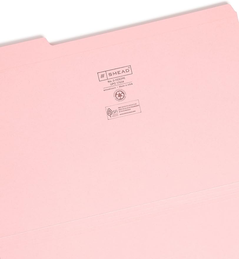 Smead File Folder, Reinforced 1/3-Cut Tab, Legal Size, Pink, 100 per Box (17634)