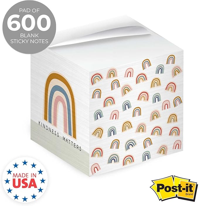 Be Kind Modern Rainbow Sticky Note Cube / 600 Sheets / 2.75" Memo Block Printed on 4 Sides/Different Boho Rainbow Design On Each Side/Made in The USA