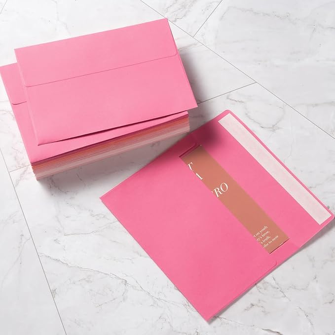 Wishop 50 Pack Pink 5x7 Self-Adhesive Envelopes with Fold Cards 5 Colors for Wedding Invitations and Greeting Cards (Pink 5 Colors, 5x7)