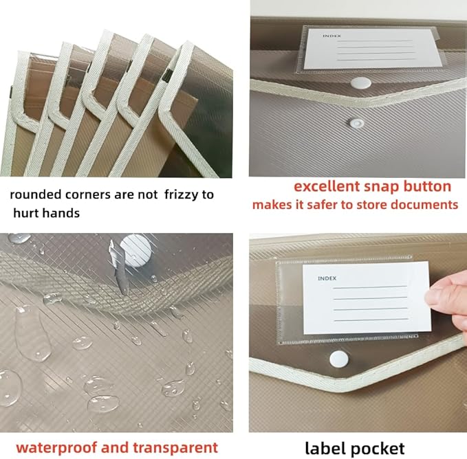 Plastic File Folders Envelope - Expanding File Wallet Organizer Documents Folder with Snap Closure and Pocket No Dividers, Large Capacity, Fit Letter/A4 Size - 5 Packs