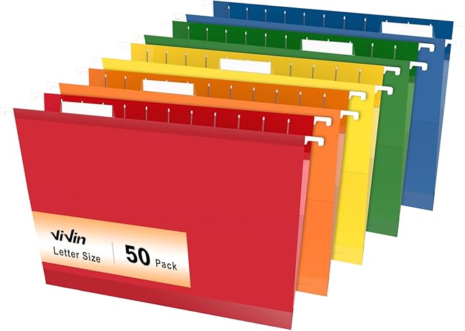 ViVin 50 Pack Letter Size Hanging File Folders with 50 Per Box, 1/5-Cut Adjustable Tabs, 1 Inch Expansion, Hanging Folders Designed for Office Bulky Files, Filing Cabinets(Assorted)