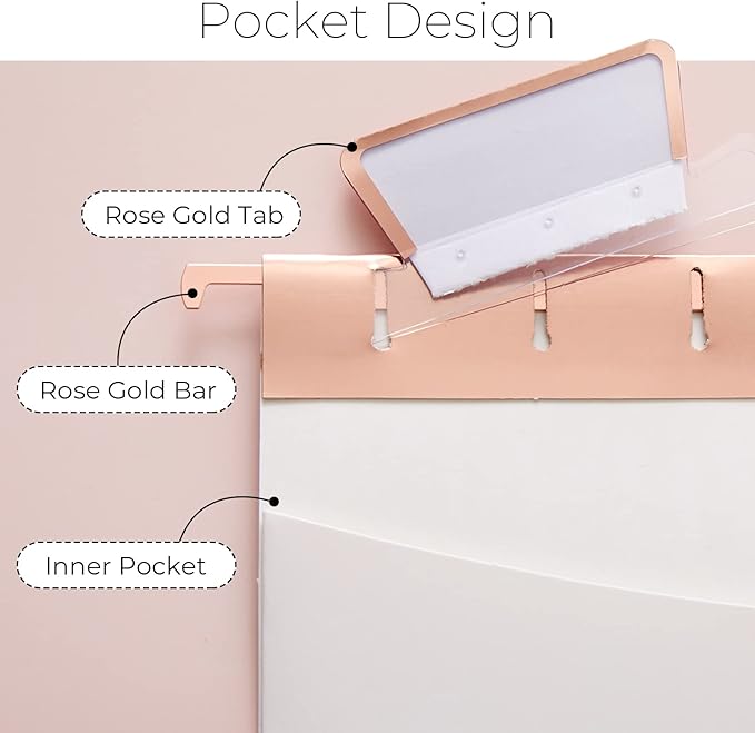 Y YOMA 1 Pack Rose Gold Desktop Hanging File Organizer | 12 Pack Rose Gold Pocket Hanging File Folders with Tabs & Insert | Letter Size Metal File Kit for Desk Home Office, I Shaped