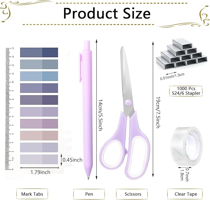 Office Supplies Set,Desk Accessories,Stapler and Tape Dispenser Set,1000 Staples,Staple Remover,Hinder Clips,Scissor,Index Tabs,Clear Tape,Ballpoint Pen,Coworkers(Purple)