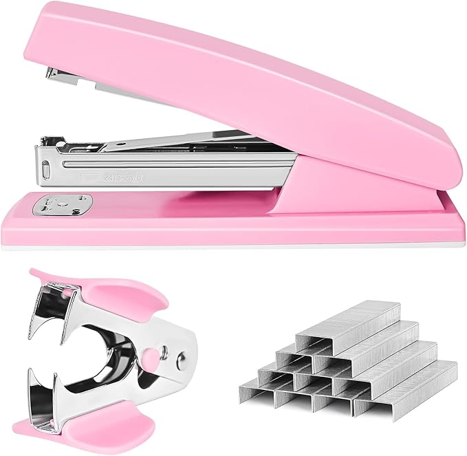 Stapler 25 Sheet Capacity with 1000 Staples and Staple Remover - Staplers for Desk, Non-Slip Office Stapler with Staples for Office, Pink