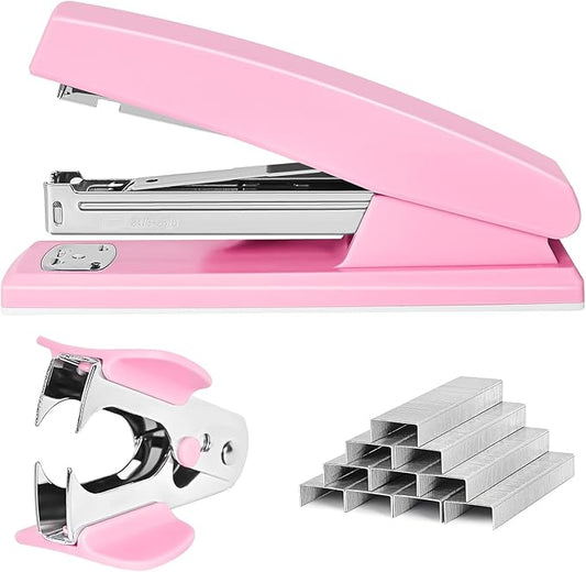 Stapler 25 Sheet Capacity with 1000 Staples and Staple Remover - Staplers for Desk, Non-Slip Office Stapler with Staples for Office, Pink
