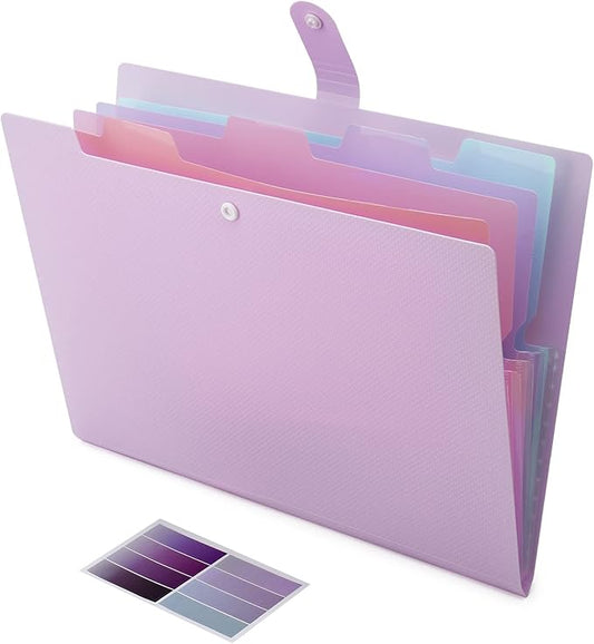 NAFY Colorful Expanding File Folder, 5 Pockets Folder with Colored Labels Portable Weave Pattern Accordion File Folder A4 Letter Size Project Organizer Document Folder for Office School (Purple)