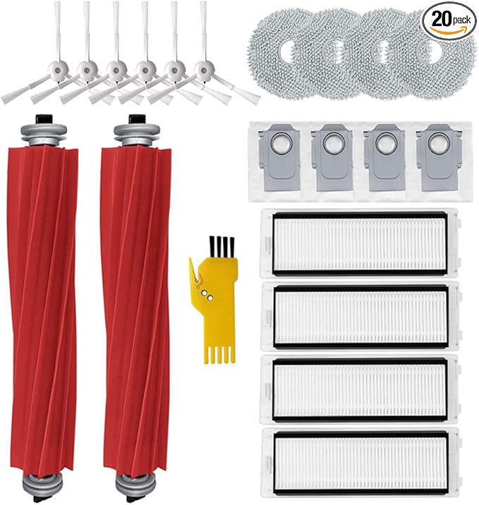 aoteng Accessories for roborock Q Revo Robot Vacuum Cleaner Replacement Parts 20 Packs 2 Main Brushes, 4 Filters, 6 Side Brushes, 4 Mop Pads, 4 Dust Bags