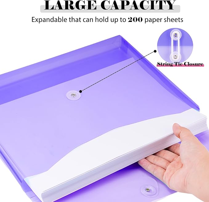 A4 Letter Size Plastic Poly Envelopes with Button and String Tie Closure, 1-1/4" Expansion Clear File Folders Side Loading Documents Organizer for Home School and Office Supplies (7)