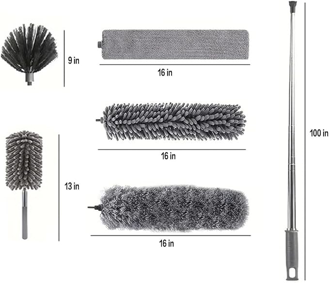 Microfiber Feather Duster Kit with 100” Extension Pole 6 PCS Reusable Bendable Washable Dusters for Cleaning Machine Washable Ceiling Fan Cleaner Duster for Cleaning Cobweb, Furniture, Blinds，Ceiling