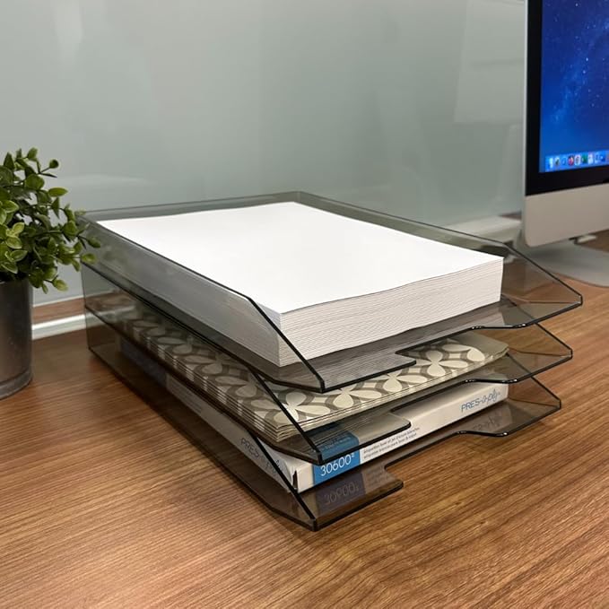 Acrimet Stackable Letter Tray, 3 Tier Front Load Desktop File Organizer, A4 Letter Size, Plastic, Smoke