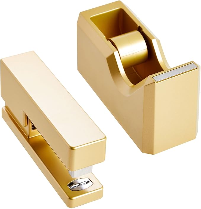 2 Piece Matte Gold Stapler and Tape Dispenser Set for Home Office Decor, Classroom Supplies, Desk Accessories for Dorm Room, Students, Teachers, Office Organization
