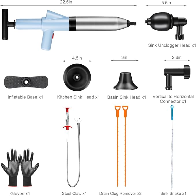 WOHPW Fast High Pressure Toilet Plunger with Real-Time Barometer | Heavy Duty Air Drain Blaster & Unclogger Tool for Bathroom, Toilets, Sinks, Tubs, Pipes | Clog Remover Kit & Toilet Snake Alternative