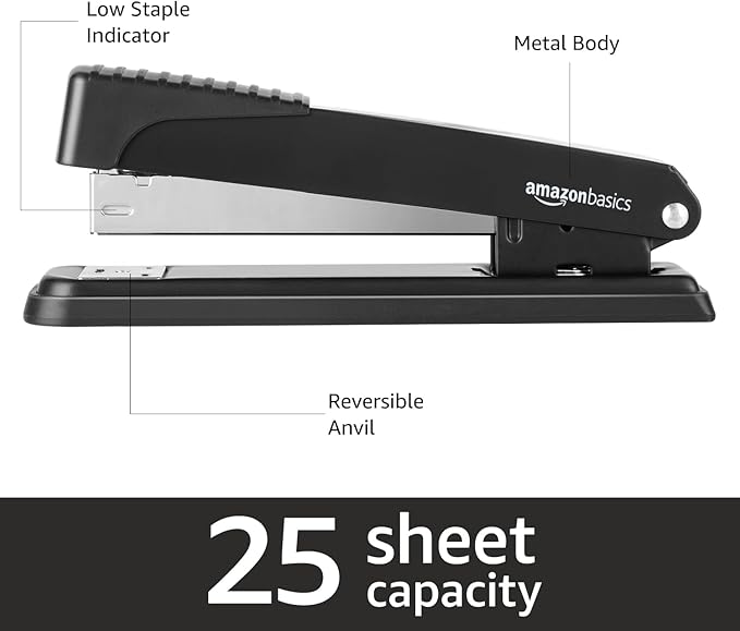 Amazon Basics Full-strip Metal Office Desktop Stapler, 20 Sheet Capacity, 3 Pack, Black