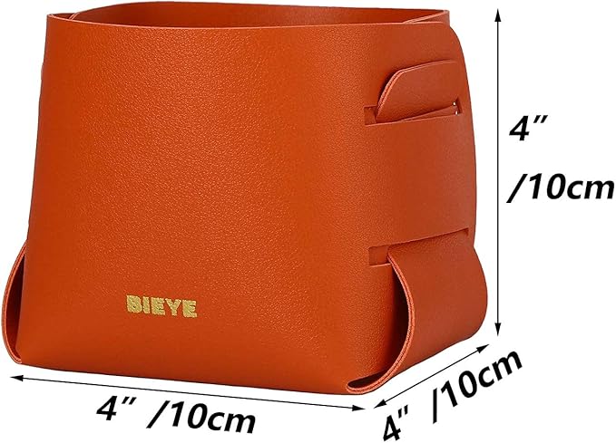 Bieye LSB005 Collapsible Leather Storage Bin Decorative Desk Organizer for Jewelry Makeup Pen Pencil Glasses Remote Controller Storage (Orange, 4" WX4 LX4 H)
