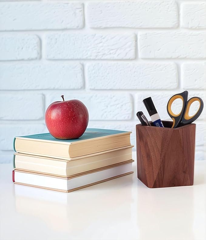 Black Walnut Wooden Desk Organization Pen Holder, Stationary Pen Organizer Dual-Purpose Art Supply Pencil Cup Holder for Office, School, Home