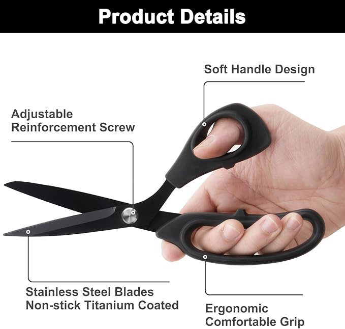 Premium Proseries Sewing Fabric Scissors Bundle (10"/9"/6"), Black Office Scissors All Purpose, Sharp Titanium Coated Blade, Comfort Grip Soft Handles for Diy Craft, Paper, Art, School, Home