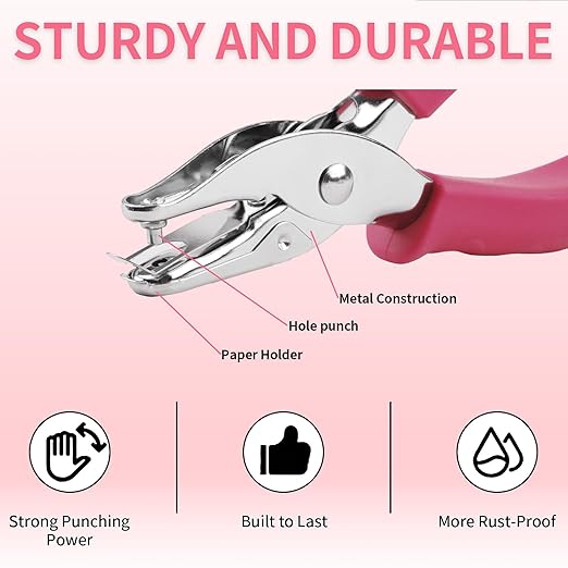 Single Hole Punch, 2 Pcs Hand Hole Puncher with Soft Grip Handle, 1/4" and 1/8" Small Hole Paper Punch for Crafts, Scrapbooks, 6 Sheets Capacity, Tags, Tickets - Rose red