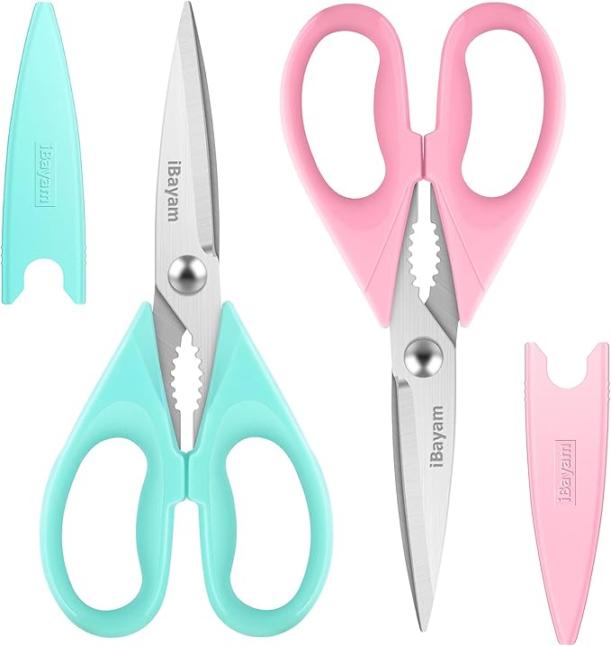 Kitchen Scissors - All Purpose Heavy Duty Meat Scissors, Poultry Shears, Dishwasher Safe, Stainless Steel, 2-Pack, Pastel Pink, Mint Blue
