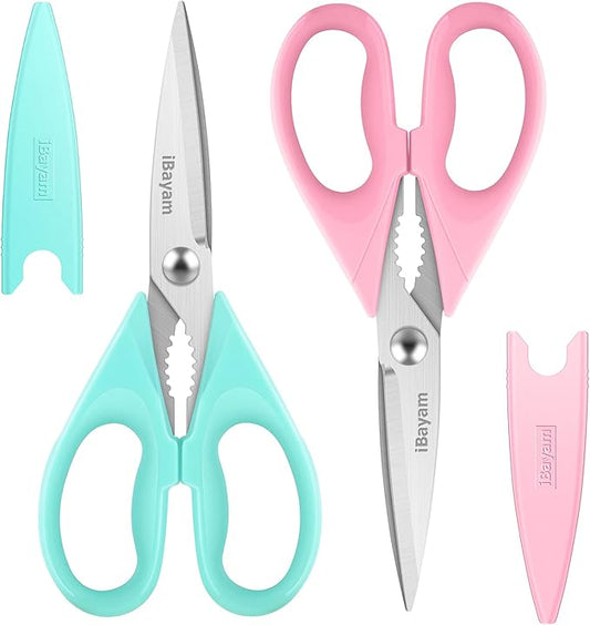 Kitchen Scissors - All Purpose Heavy Duty Meat Scissors, Poultry Shears, Dishwasher Safe, Stainless Steel, 2-Pack, Pastel Pink, Mint Blue