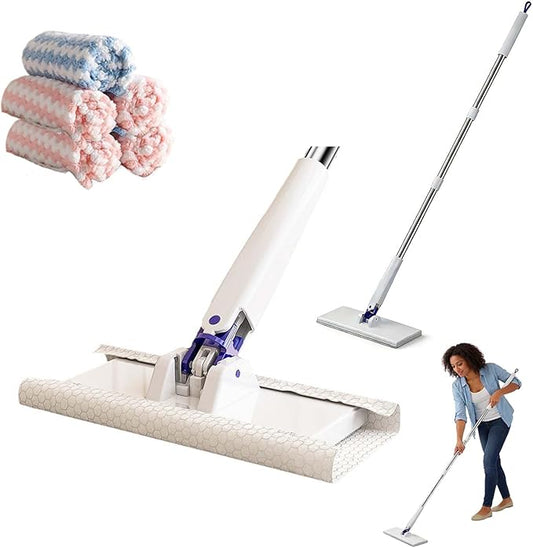 Snap Grip Mini Mop with 5 Reusable Cloths, No Wash Zero Touch Disposable Lazy Mop, Retractable Gap Dust Cleaner Flat Mops with Locking Head, Dry Wet Pads for Floor Hardwood Kitchen Wall (125×25×10cm)