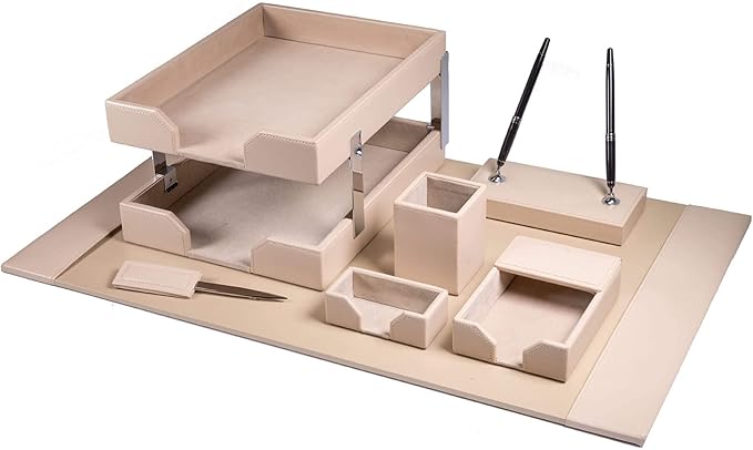 Dacasso Bonded Set Luxury Leather Desk Pad & Desk Organization Essentials, 9 Piece, White Latte
