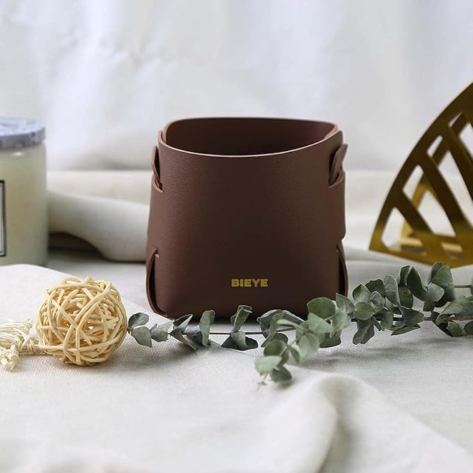 Bieye LSB003 Collapsible Leather Storage Bin Decorative Desk Organizer for Jewelry Makeup Pen Pencil Glasses Remote Controller Storage (Brown, 4" WX4 LX4 H)