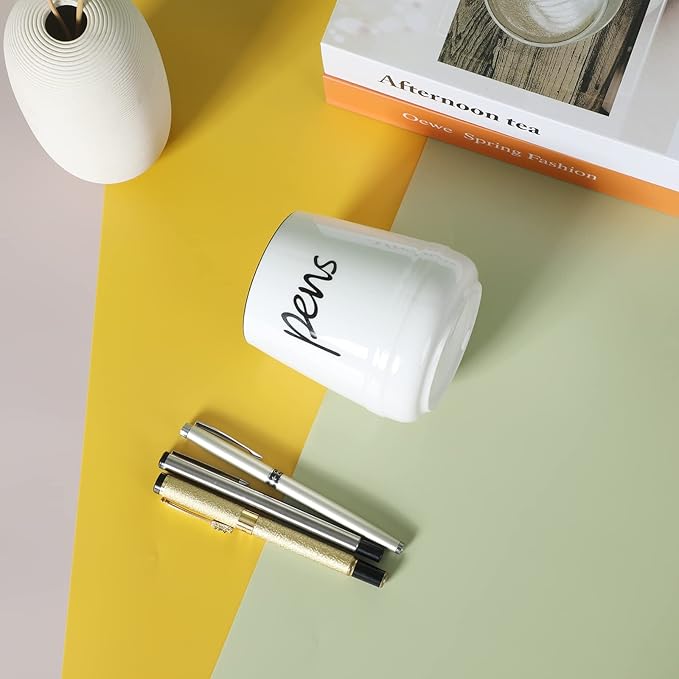 LEEOTYI Ceramic Farmhouse Pen Holder for Desk, Pencil Organizer 16 oz (White)