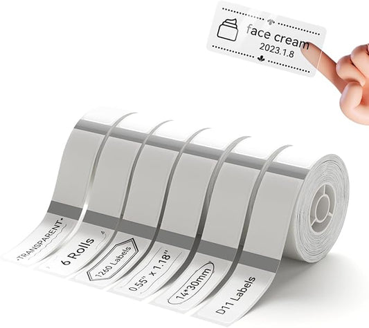 NIIMBOT D11 Label Maker Tape 6Rolls Clear Label Paper 0.55" X 1.18" (14 X 30mm) 210 Labels/Roll, Compatible for NIIMBOT D11 D110 Label Printer, Thermal Paper Black on Transparent, 6-Roll