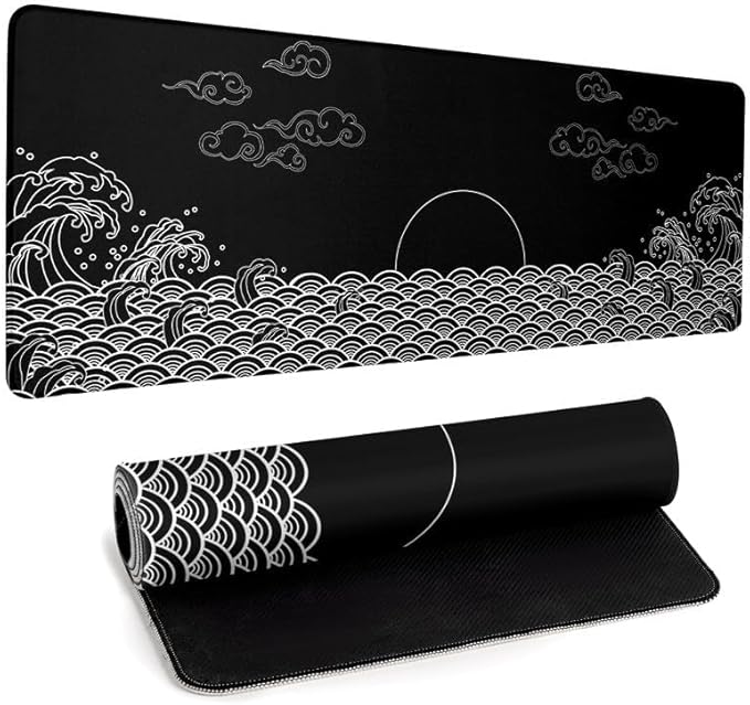 Japanese Sea Wave Gaming Mouse Pad Black Large Anime Mousepad Extended Mouse Mat 31.5''x11.8'' 3mm Thick Non-Slip Rubber Base Big Desk Pad for Office