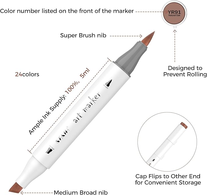 SFAIH Skin Tone Alcohol Markers Brush & Chisel - 25 Portrait Color Markers for Drawing, Coloring - Fast-Drying, Blendable Ink Marks for Artist Adults - Refillable Ink