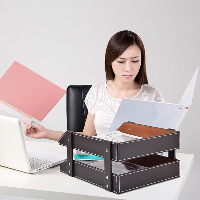 Leather Desk Organizer,2-Tier Stackable Letter Tray Holder,Office Supplies Desktop Storage Box for Document,Stationery,Magazines,Newspapers,Letters and Other Home Office Paper Sundries,Coffee