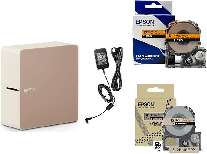 LABELWORKS Epson LW-C610PXADPT Fall Bundle - Label Maker, Adapter, & Black on Orange and Black on Beige PET Tape