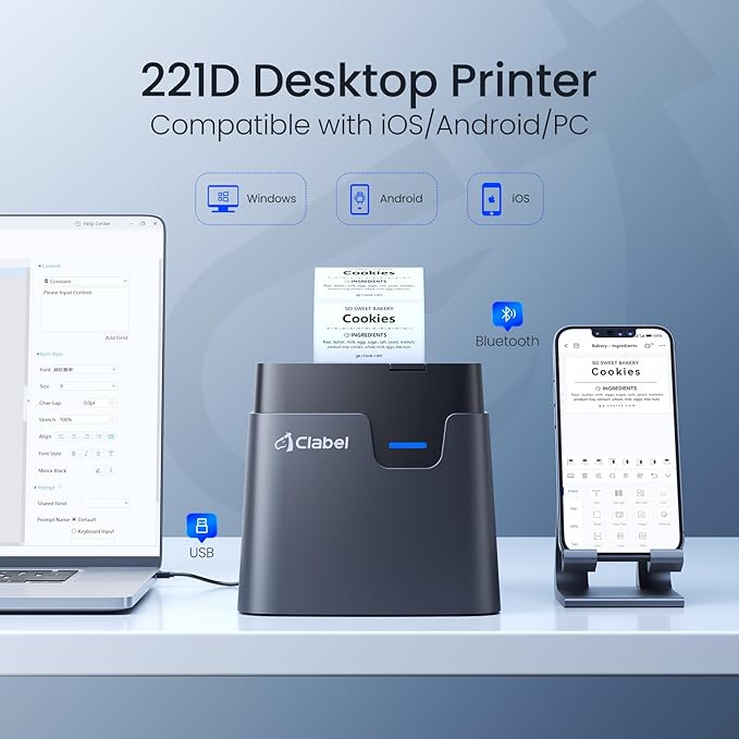 CLABEL Desk Bluetooth Barcode Label Printer: 221D Label Maker with Direct Thermal Printing, 2 Inch Print Width for Barcodes Address Shipping Warehouse with 1 Roll Label
