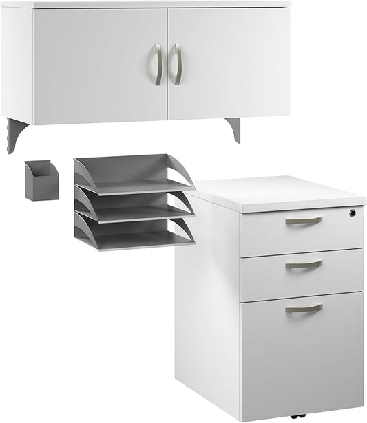 Bush Business Furniture Office in an Hour Cubicle Storage with Cabinet, Drawers, Paper Tray, and Pencil Holder in Pure White | Commercial Workspace Organization and Accessory Set