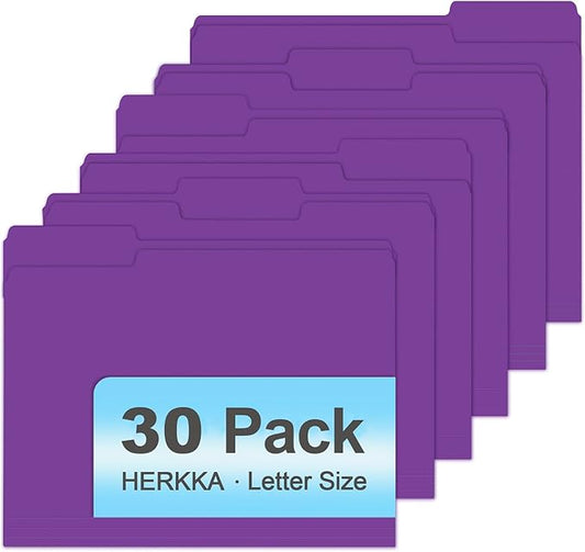 File Folder, HERKKA 30 Pack 1/3 Cut Tab File Folders, File Folders Great for Organizing and Filing, Letter Size, Purple