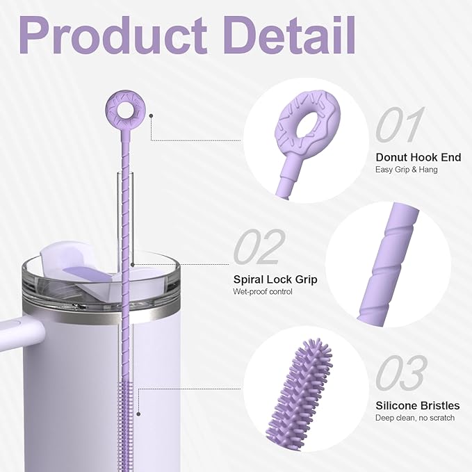 YOTIME Silicone Straw Cleaner Brush, 2 Pcs Reusable Straw Brush(6mm+9mm) for Cleaning Narrow & Wide Straws, Tumblers, Purple