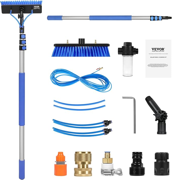 VEVOR Water Fed Pole Kit, 12FT Solar Panel Cleaning Pole with Extendable Handle, 180° Rotatable Brush Head & 65.6FT Hose, Household & Outdoor Window Cleaner Tool for Caravan Solar Panel Deck