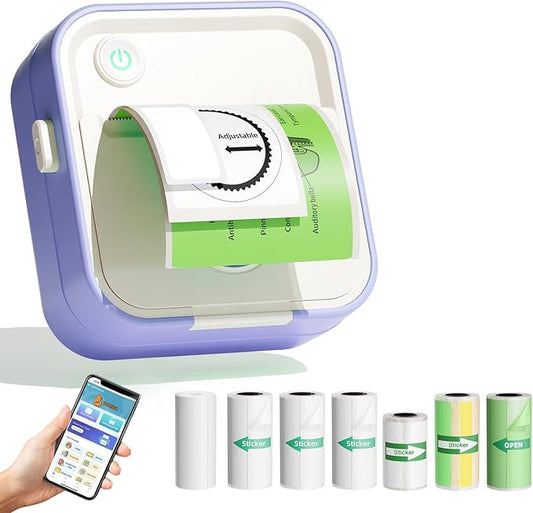 Label Maker Machine, HD Mini Sticker Printer with 7 Rolls Paper, Portable Thermal Print Pod Supports 12-57mm Papers, Bluetooth Pocket Printer for Home, Kitchen, School,Compatible Phone&Tablet (Purple)
