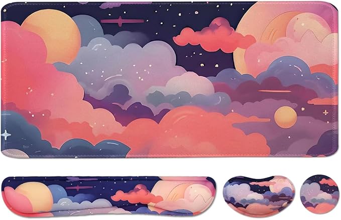 Large Mouse Pad Set, Cute Extended Mouse Pad+Keyboard Wrist Rest Support Desk Pad Memory Foam Ergonomic Easy Typing, 35.4×15.7 in Desk Mat Set for Home Office Study Game - Cloud