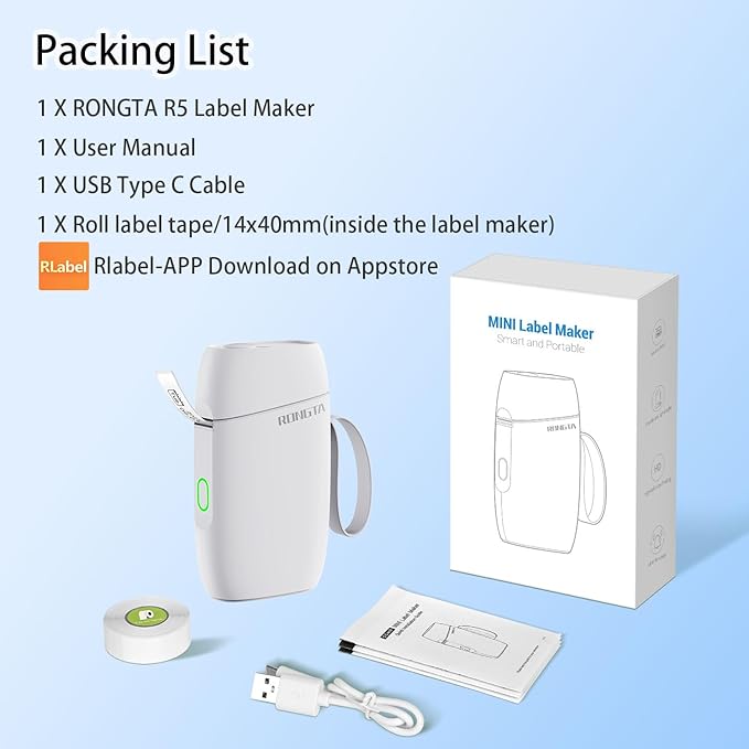 Rongta Bluetooth Label Maker Machine with Tape, Portable Mini Label Printer Wireless Thermal Handheld Sticker Makers Mini Label Makers with Multiple Templates for Organizing Office Home School(White)