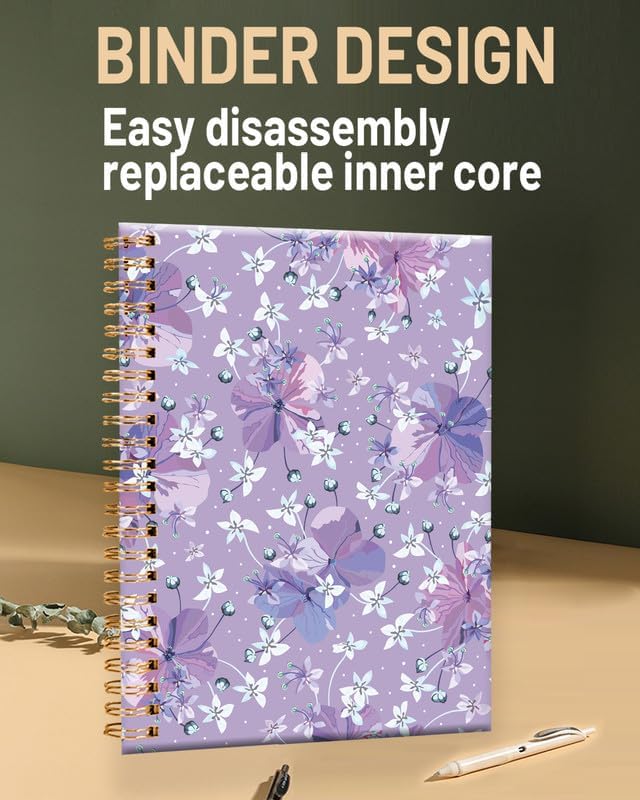 Spiral Journal Notebook for Women,A5 College Ruled Notebooks 6"x 8.4", 120 Pages (60 Sheets) Lined Journal with Premium Thick Paper,Perfect for School Office Home(Purple Floral)