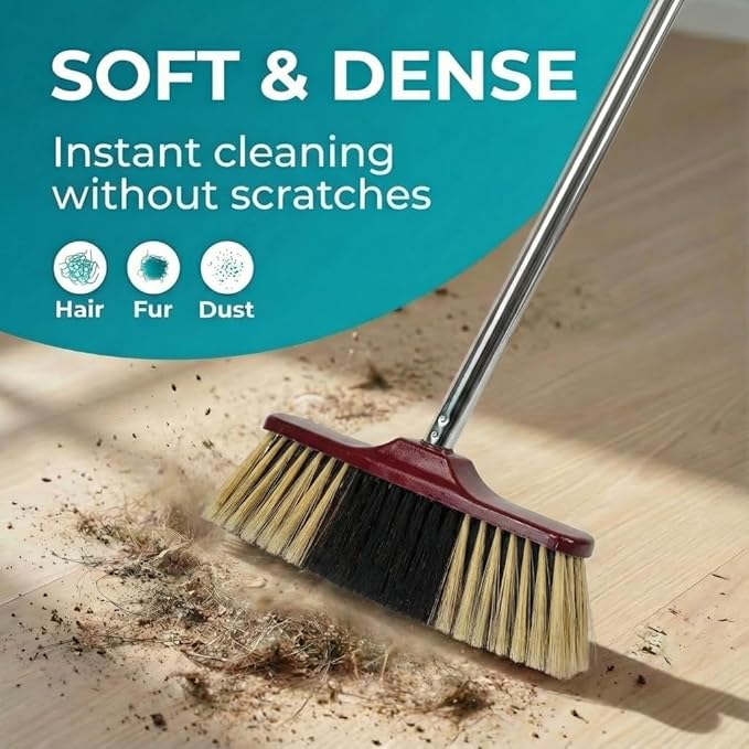 HELOMOR Indoor Push Broom with Dustpan Combo Set, Long Handle Floor Sweeping Broom for Kitchen, Garage, Office, Bathroom, Wood & Parquet Floors (2 Pack)